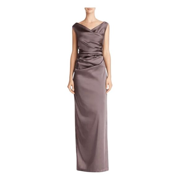 Adrianna Papell Ruched Draped Satin Column Evening Gown Taupe 4 - Picture 1 of 13